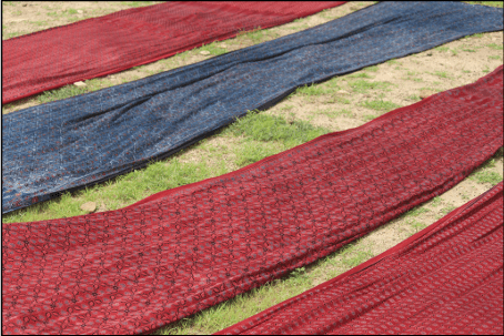 Long lengths of Mangalagiri cotton fabric in deep red and navy drying outdoors on grass